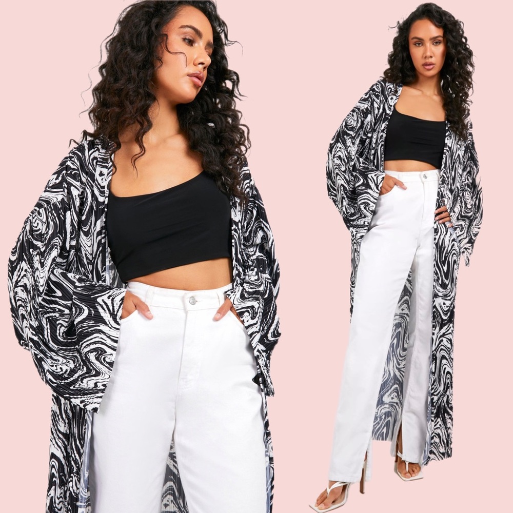 TWO PIECE SET MARBLE PRINT PLISSE MAXI KIMONO inlarge & bodycon SMALL stretchy